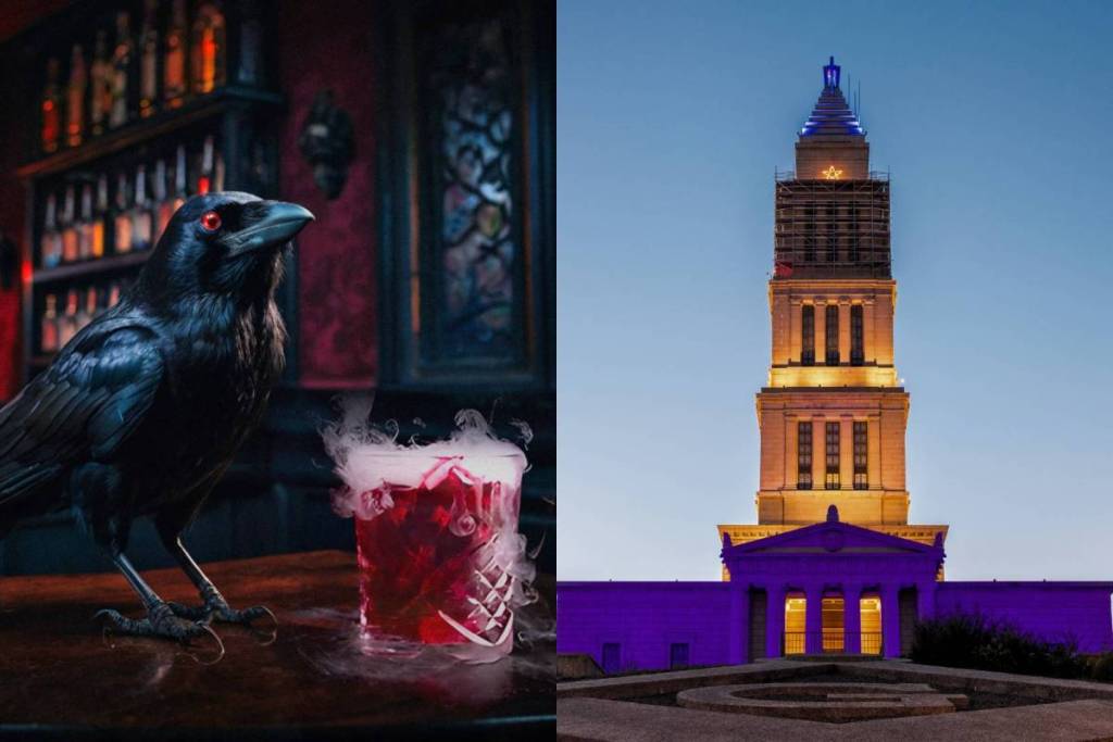 red cocktail and raven, next to image of The George Washington Masonic National Memorial