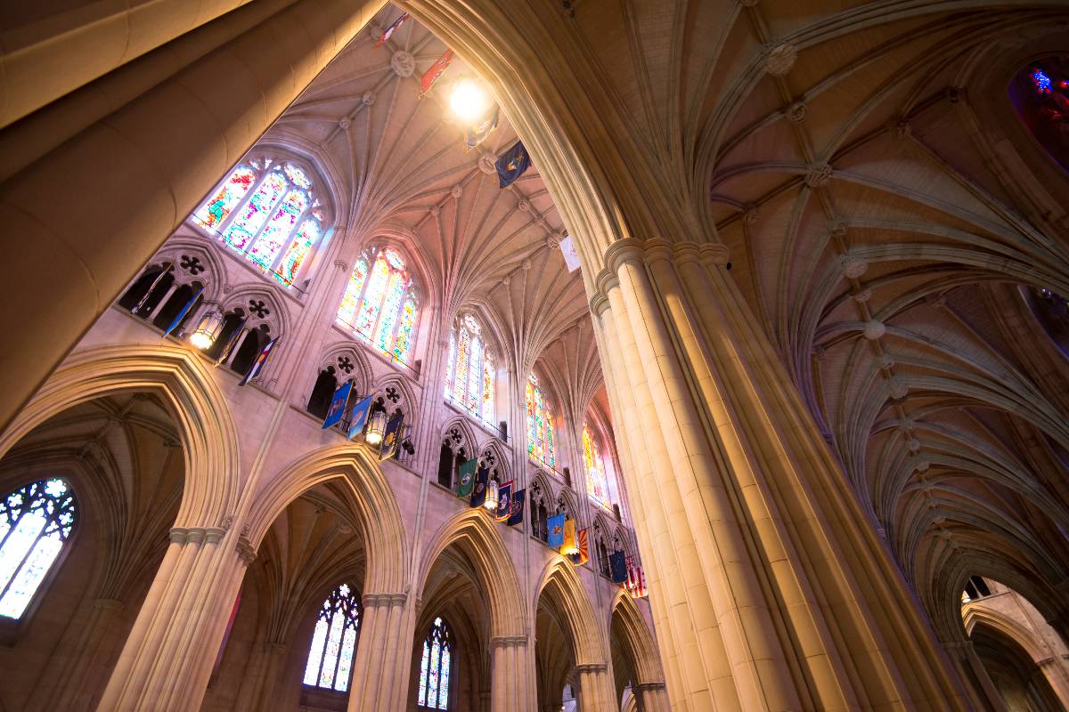 The inside of Washington National Cathedral looking up