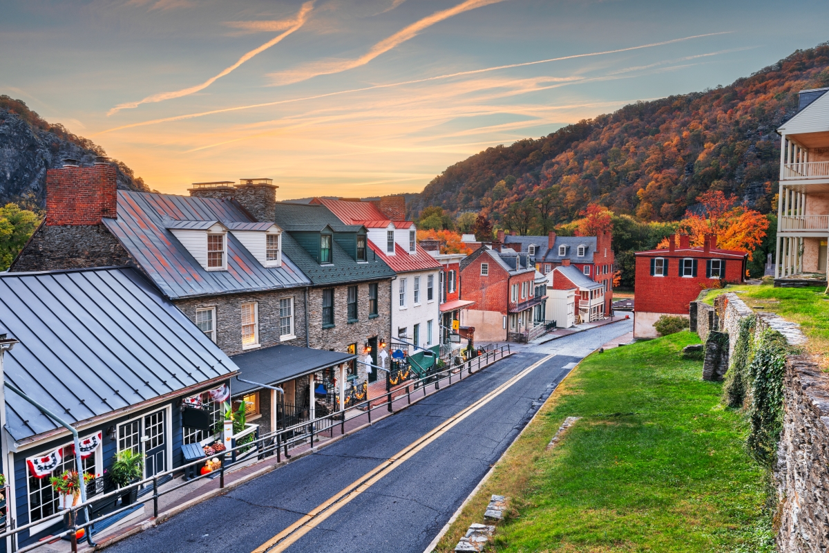 Harpers Ferry, West Virginia, USA townscape at dawn in autumn.