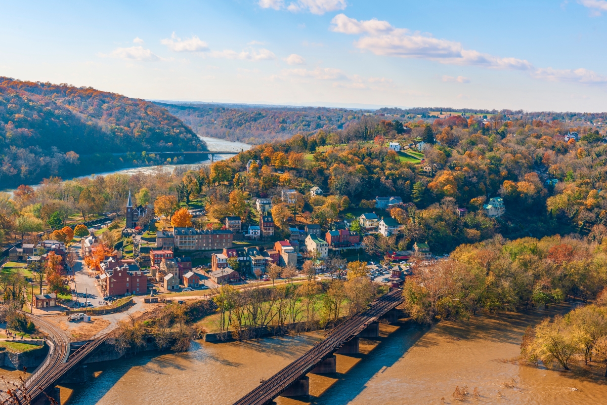 Colorful view of Harpers Ferry National Park from Maryland Heights in autumn.West Virginia.USA