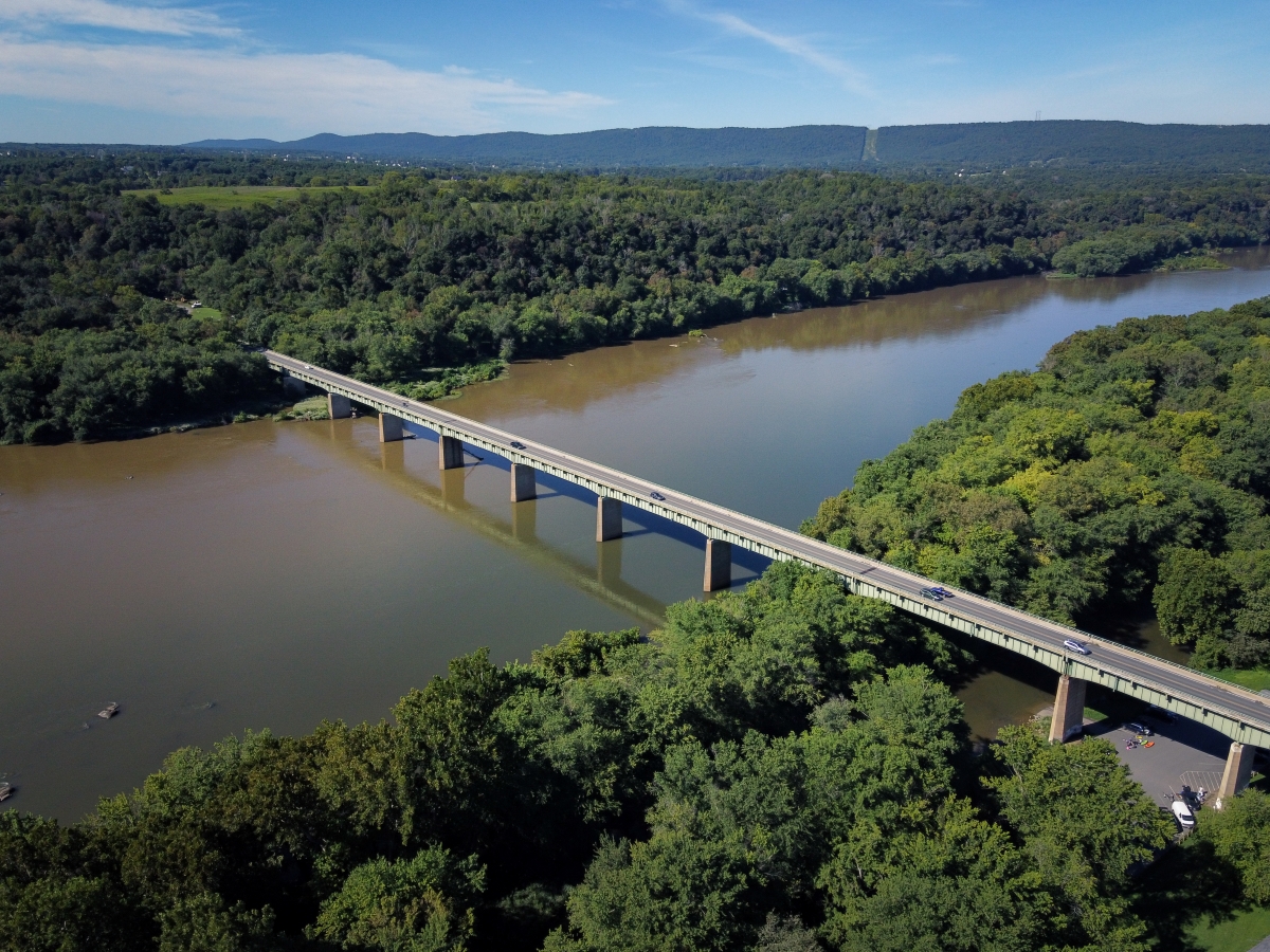 Car bridge going over the Potomac River on a sunny day near Brunswick Maryland