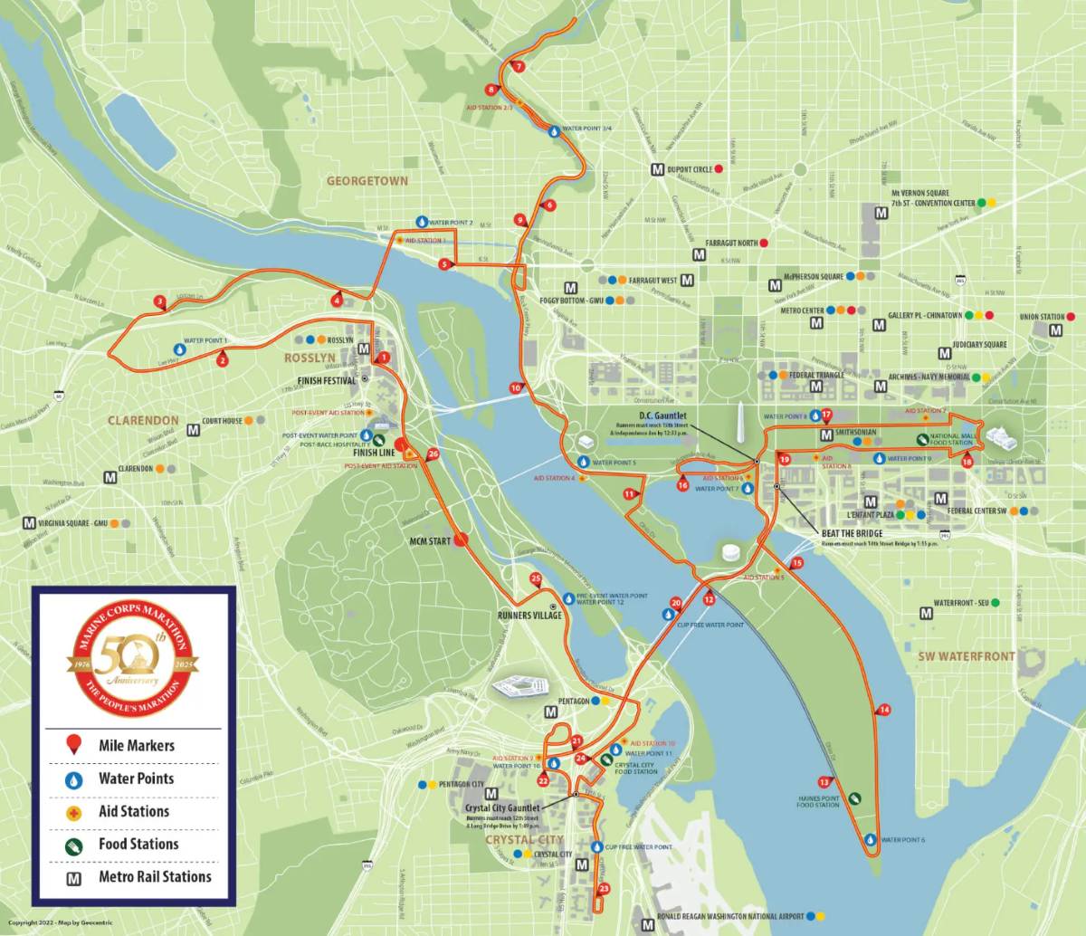 A map of the route of the 2025 Marine Corps Marathon with mile markers.