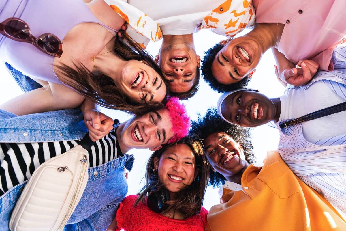 friend group looking down at camera