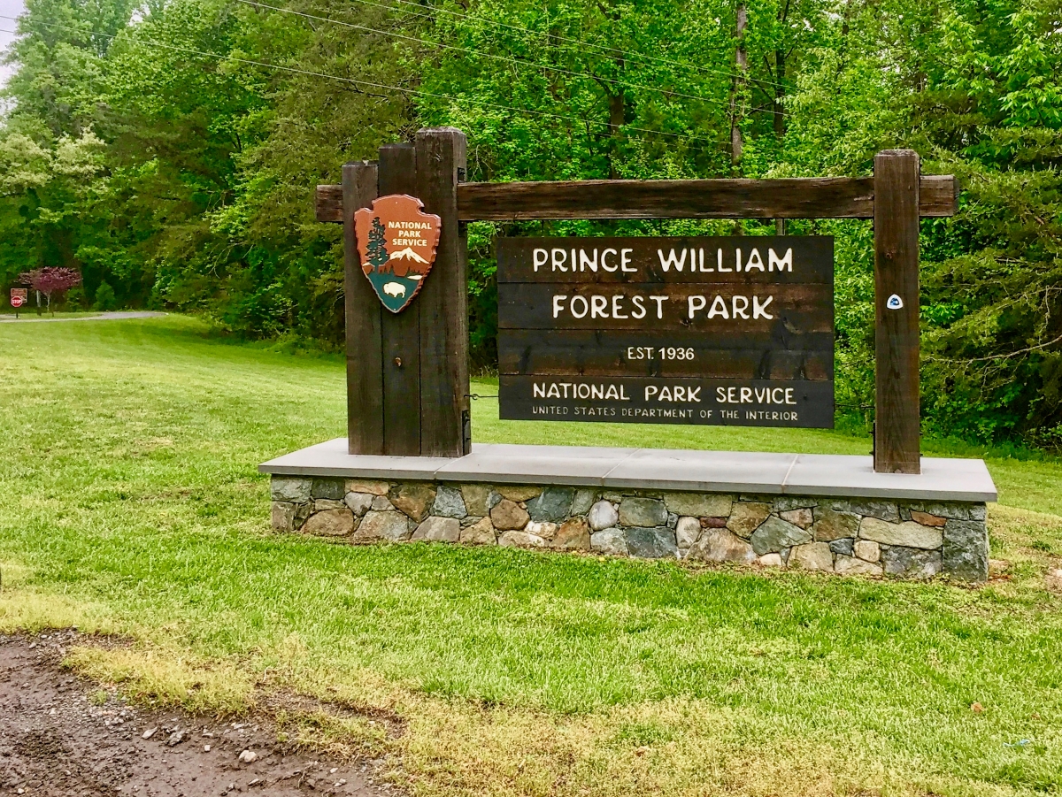 Sign at the main entrance to historic Prince William Forest Park, the largest protected natural area in the Washington, D.C. metropolitan region.