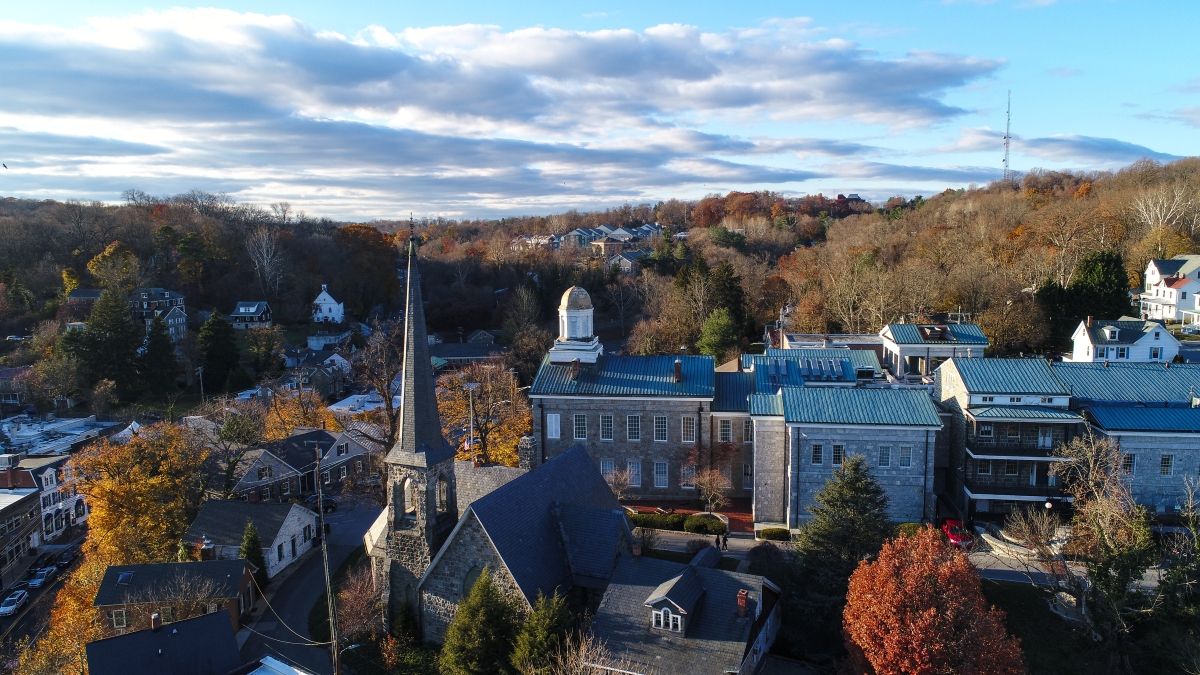 An aerial view of historic Ellicott City, Maryland in the fall.