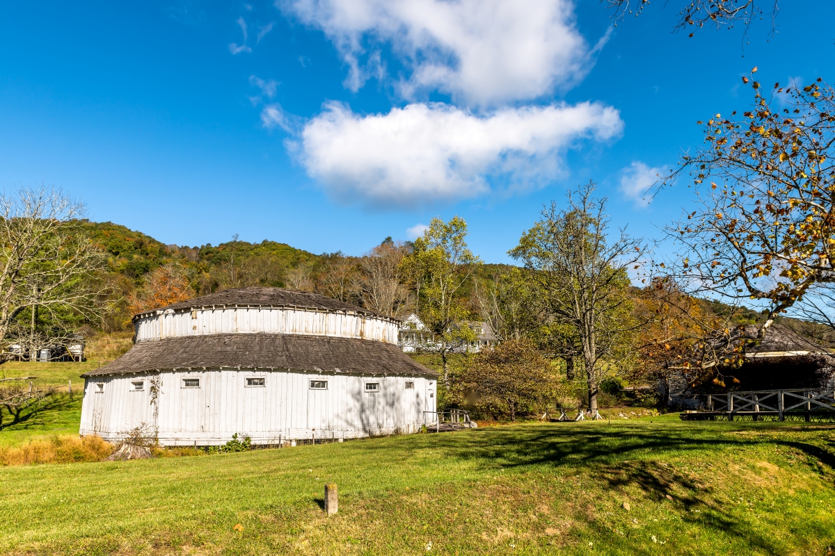 Historic Warm Springs town and old run-down closed Jefferson Pools octagon architecture building in Virginia Bath County countryside in mountains