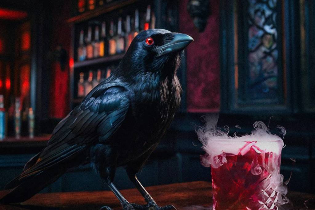raven on bar next to red cocktail 