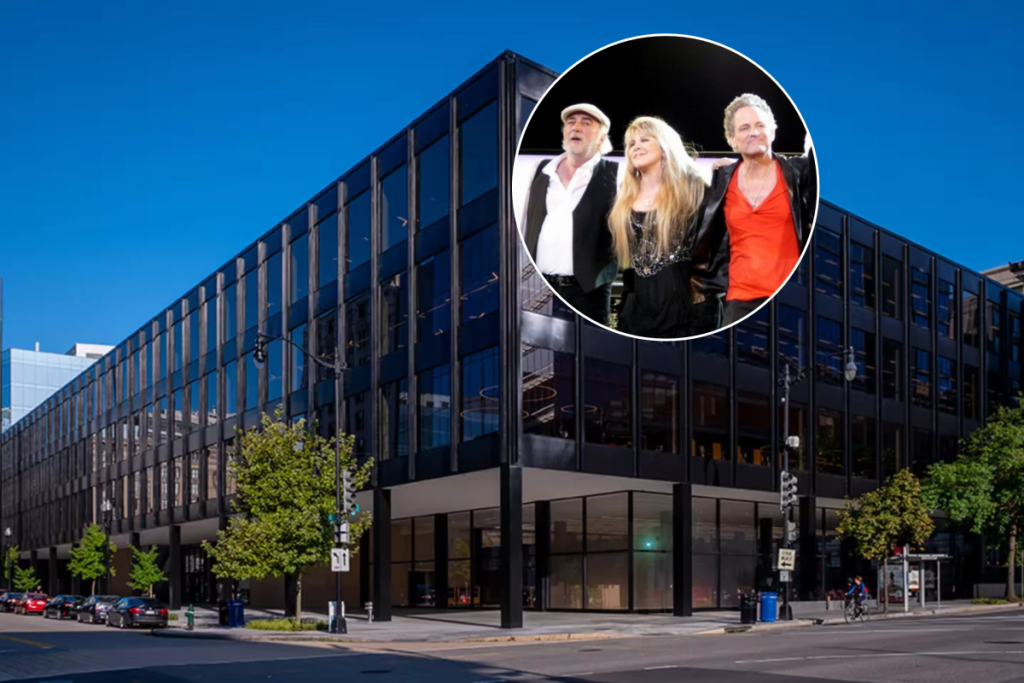 A collage of the facade of Martin Luther King Jr. Memorial Library and members of Fleetwood Mac