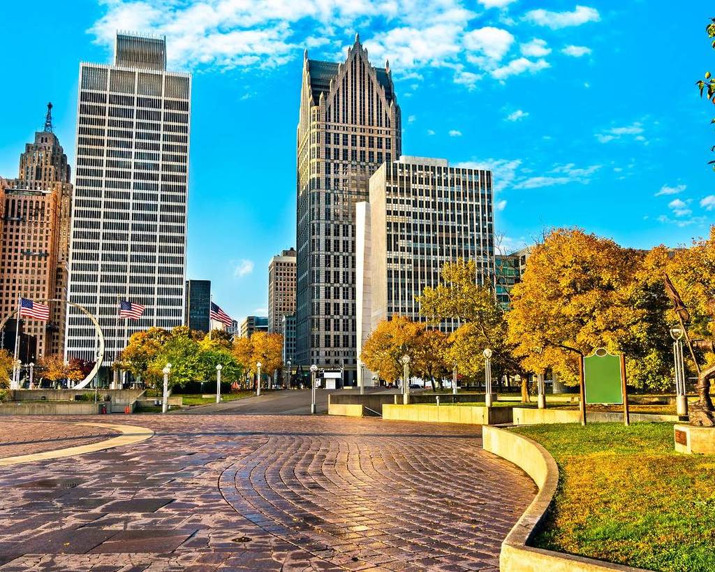 Downtown Detroit from Hart Plaza in USA