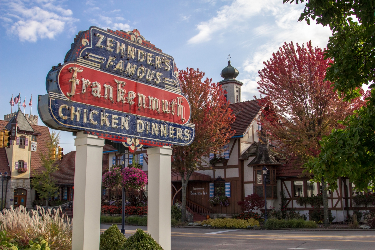 Exterior of the world famous Bavarian Inn and Zehnders. The restaurants are renowned for it's all you can eat chicken dinners and are fierce rivals.