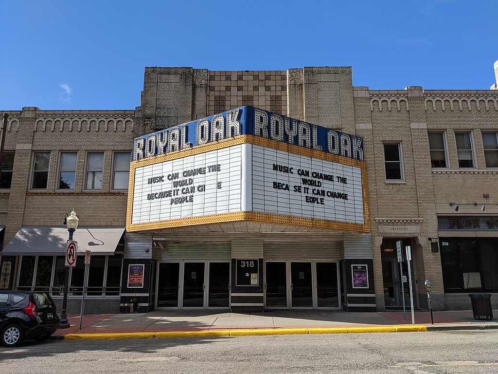The edifice and marquee of the Royal Oak Music Theatre in Detroit.