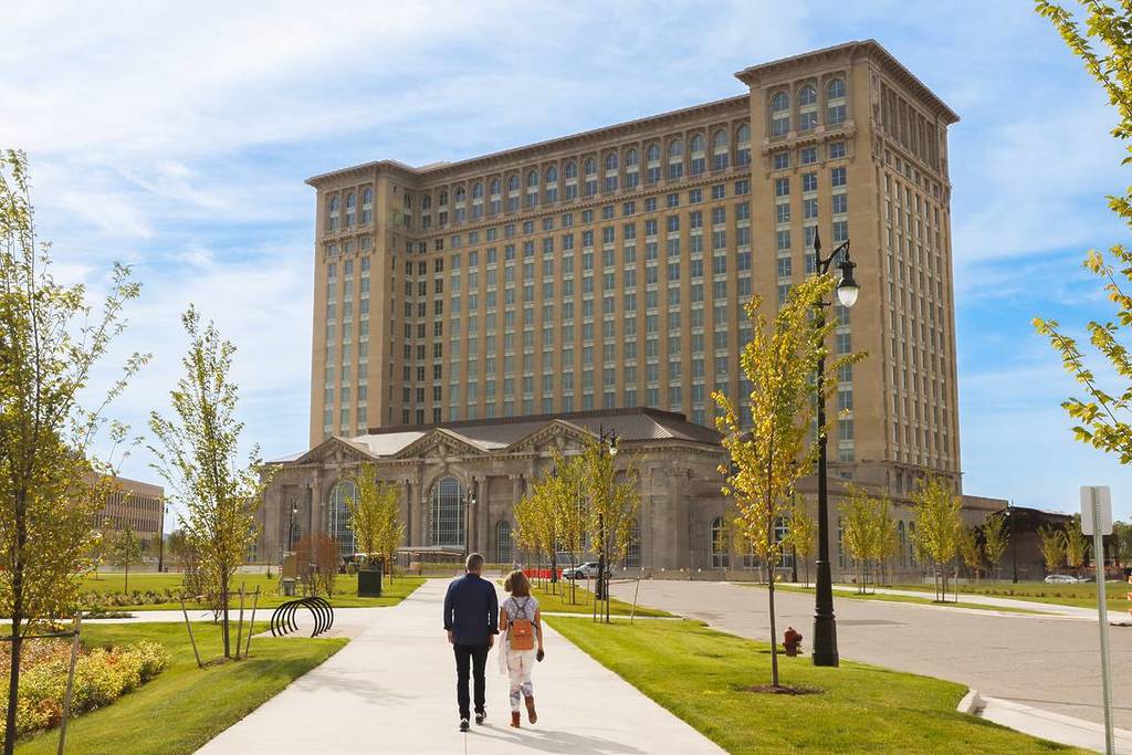 A view of Michigan Central building in Detroit from below.