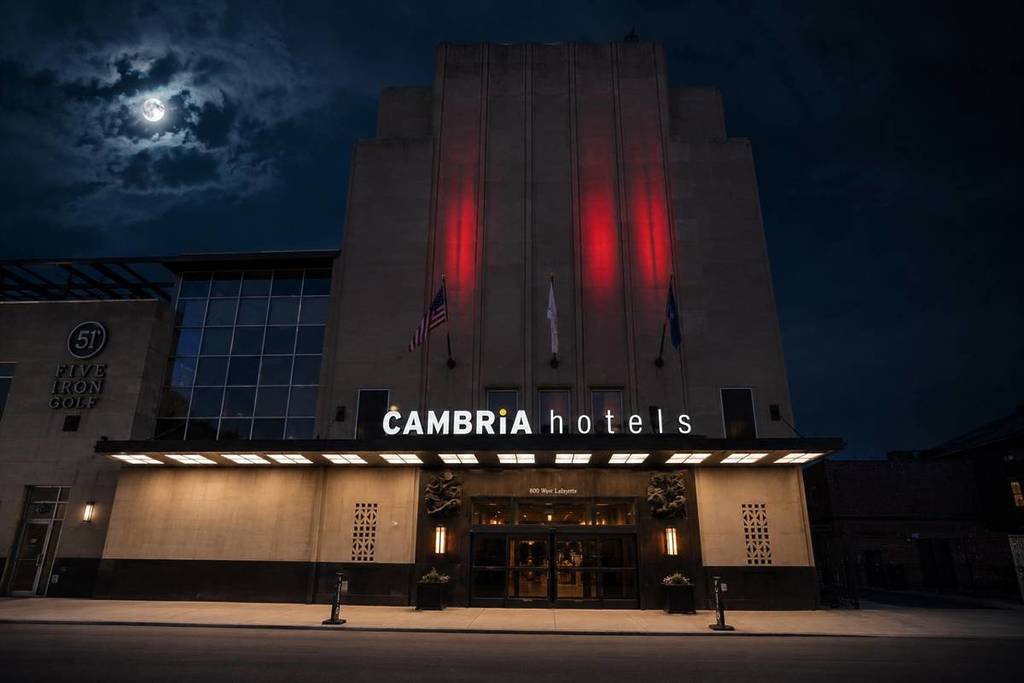 Cambria Hotel Detroit Downtown exterior at night