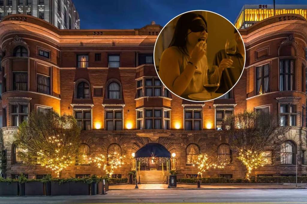 The grand facade of Detroit Club lit up in the evening plus a woman eating while blindfolded