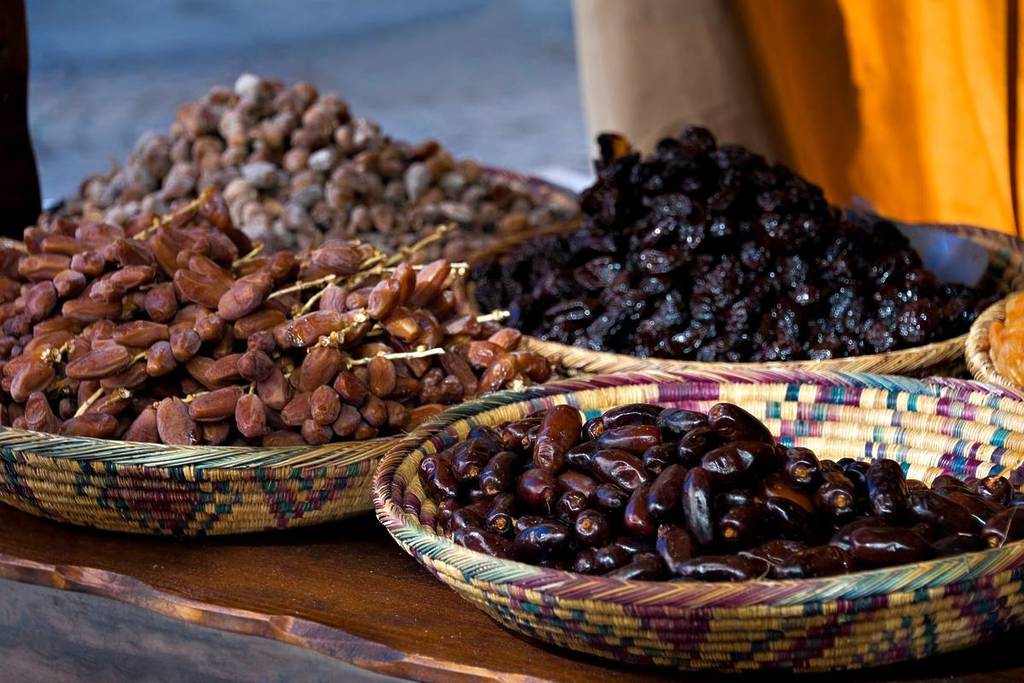 An image of display of variety of dates as will be seen at Dubai Dates Festival in July