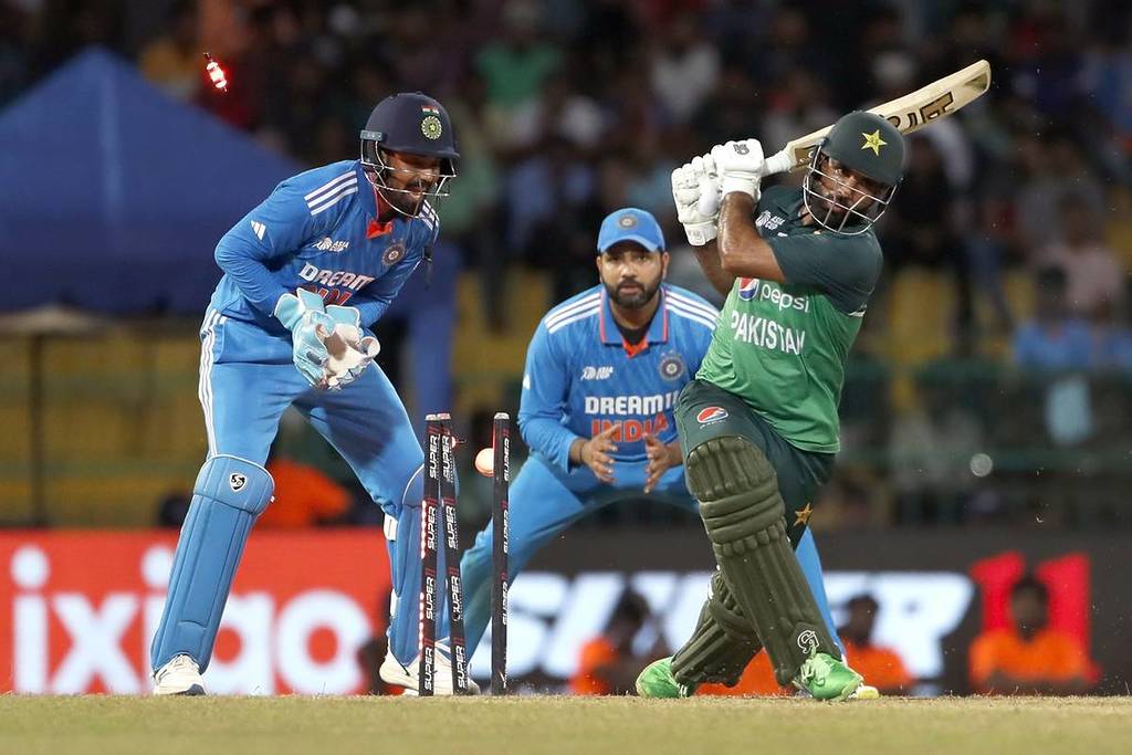 COLOMBO, SRI LANKA - SEPTEMBER 11: Fakhar Zaman of Pakistan bowled by Kuldeep Yadav of India during the Asia Cup Super Four match between India and Pakistan at R. Premadasa Stadium on September 11, 2023 in Colombo, Sri Lanka.