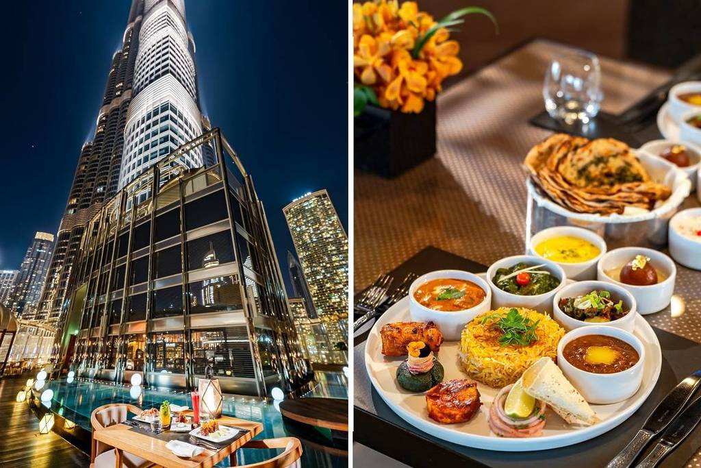 Armani/Amal Indian Independence Day thali and views of Burj Khalifa