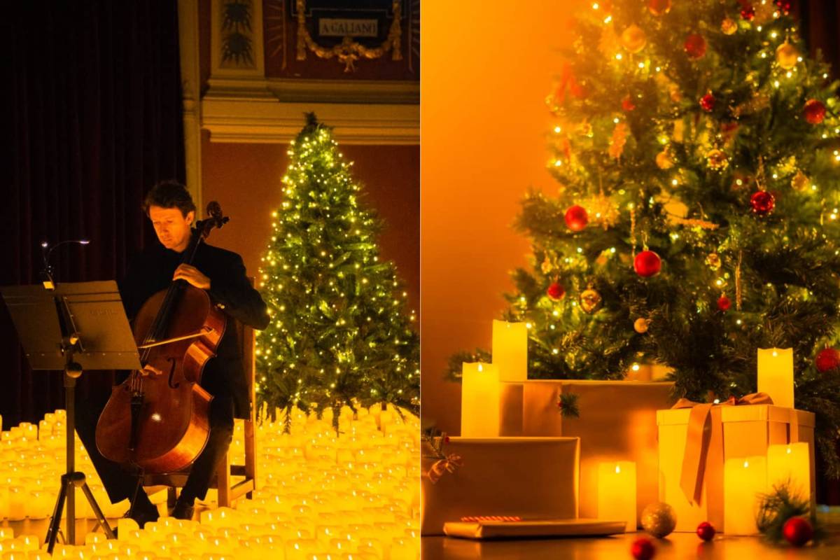 A collage of a cellist performing amid a sea of candles on a stage decorated with a Christmas tree and another Christmas tree on the right with presents underneath it