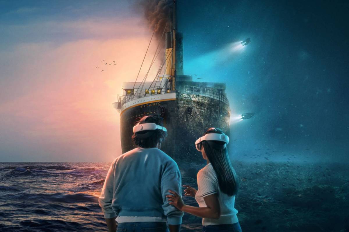 A couple looking onward wearing VR headsets as an image of the Titanic, half recreated, half destroyed sails toward them