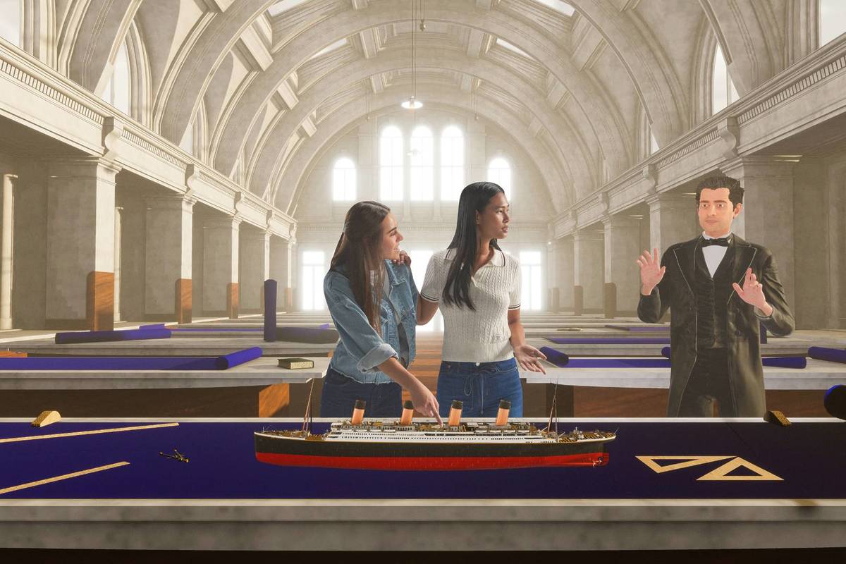 Guests at The Titanic Experience talking to one of the AI staff