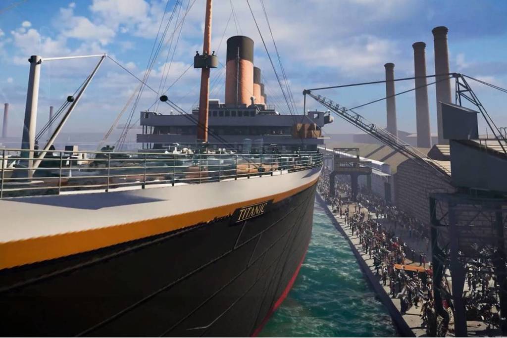 A simulation of the Titanic embarking on its maiden voyage