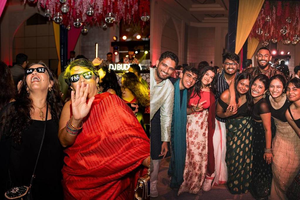 The young and old enjoying the fake wedding party called farzi sangeet in Dubai