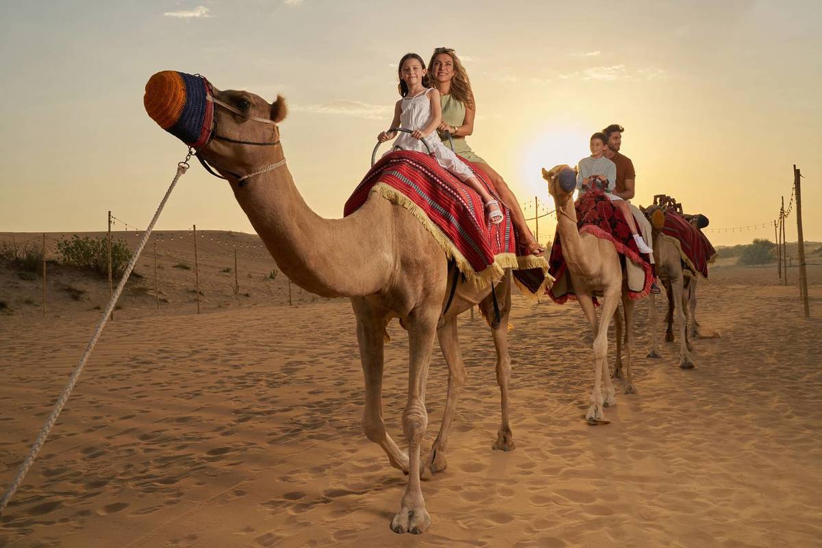 Tourists riding camels as part of the Noble Life Desert Dinner Show & Safari Expereince
