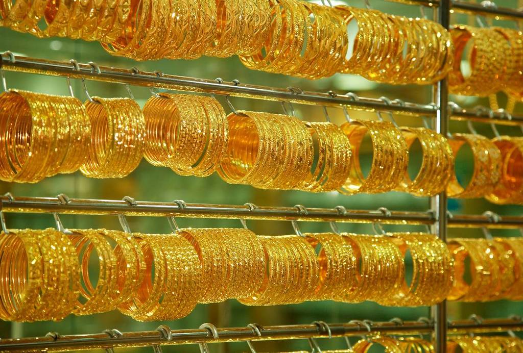 Rows of gold bangles at a souk in Dubai.