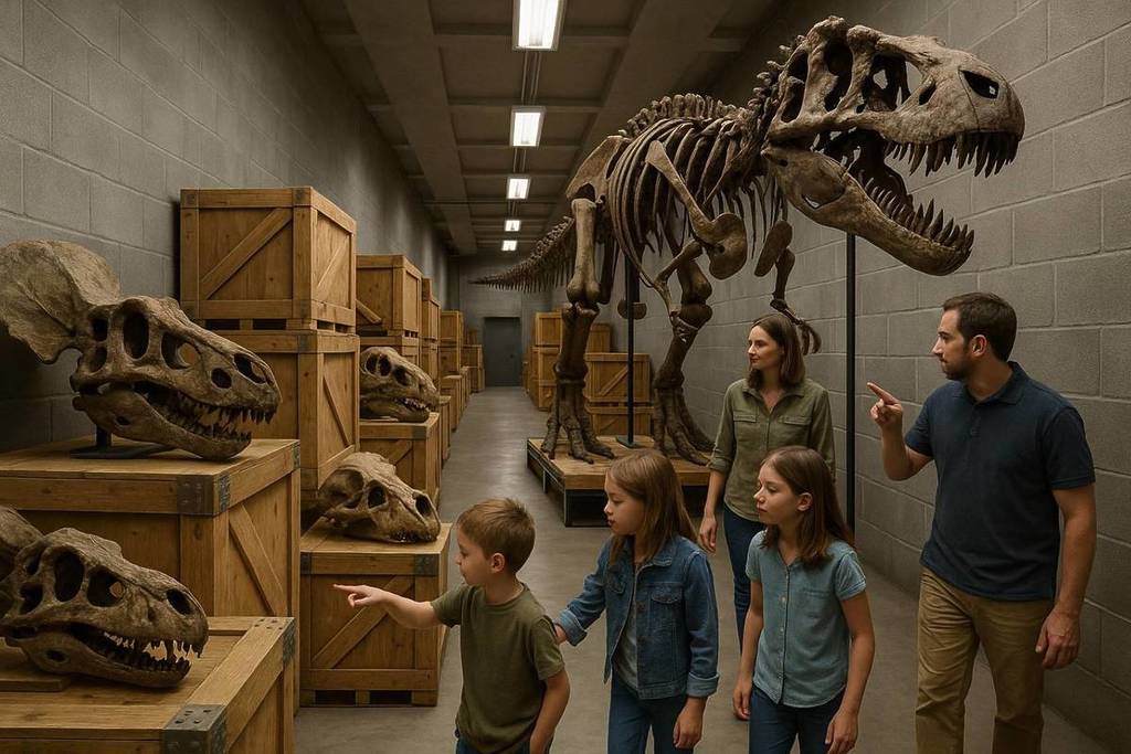 Une famille explore une salle remplie d'ossements et de fossiles de dinosaures à Dinosaurs - The Immersive Odyssey.