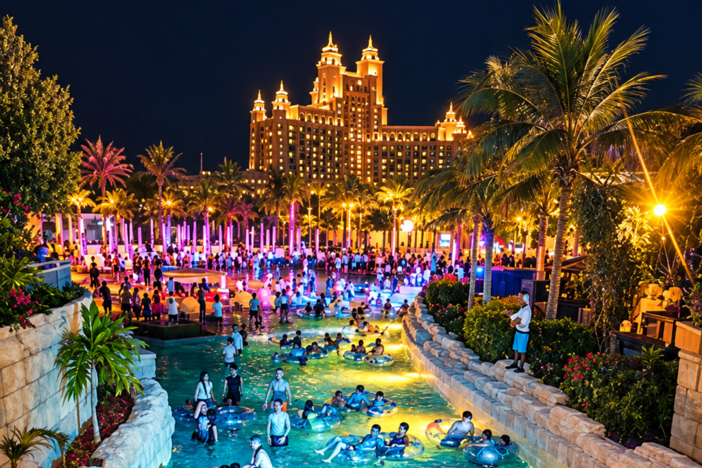 There is a massive four-hour night party in a waterpark – with 105 water slides in the dark, live DJs on Torrent Beach and LED screen raves