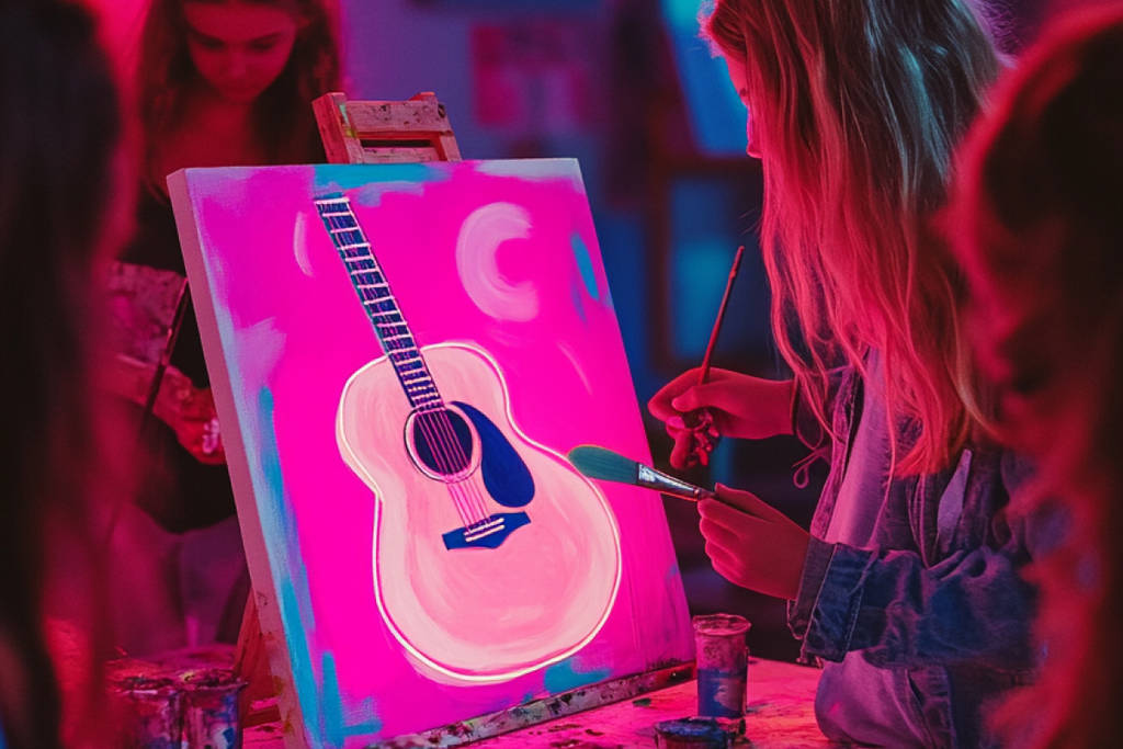 A girl painting a picture of a guitar at Neon Brush Sing-Along.