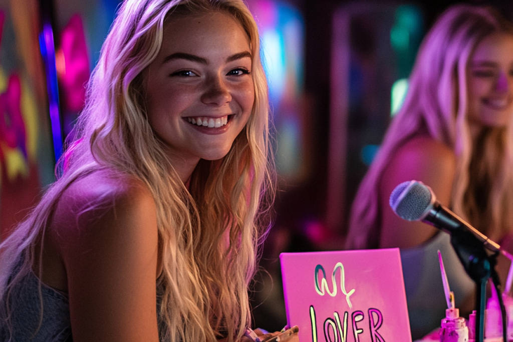 A blonde girl showing off her canvas painting capturing her 'Lover' era at Neon Brush Sing-Along.