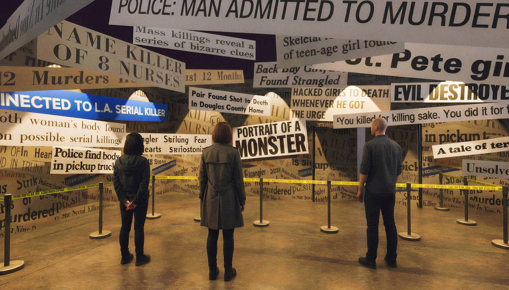 an AI generated image of people standing in a room filled with newspaper headlines and clippings