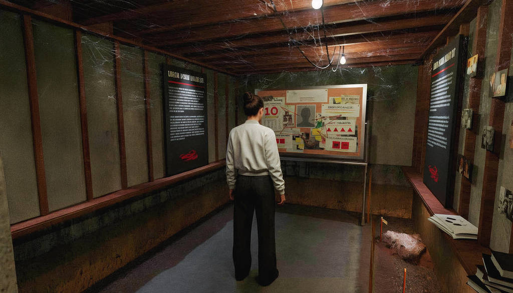 an AI generated image of a woman looking at an evidence board