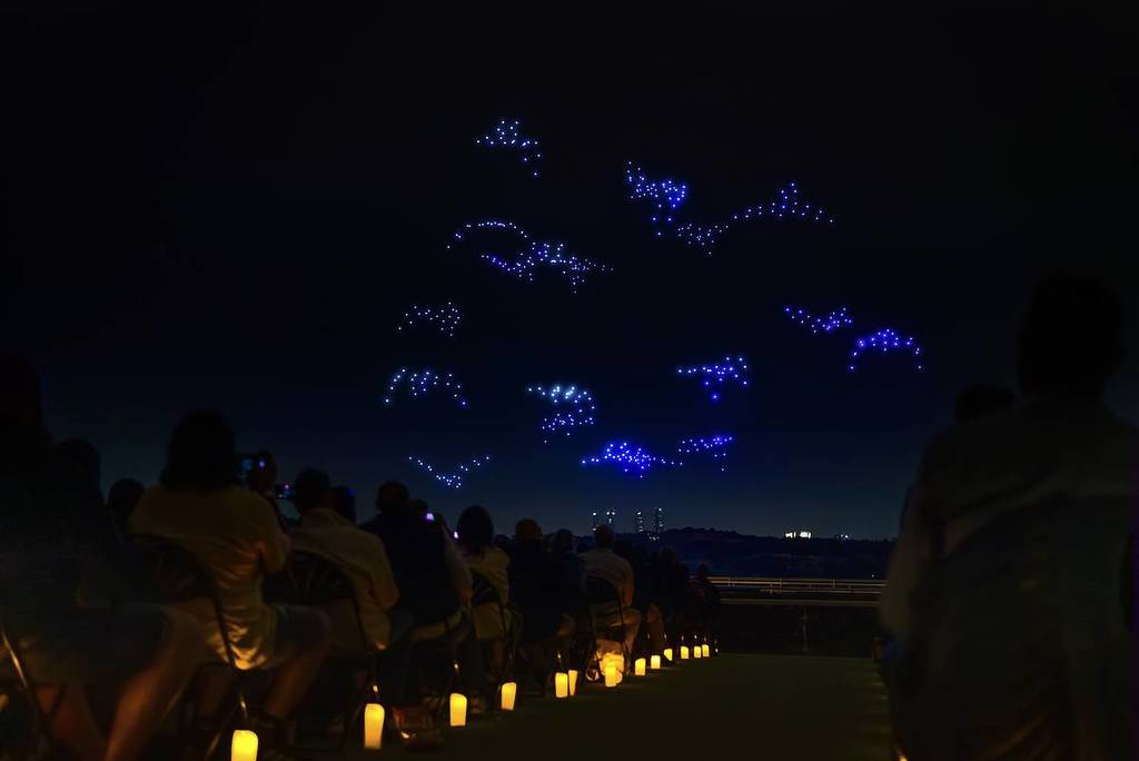 a crowd of people watch a flock of luminescent birds created by drones at the Drone Art Show