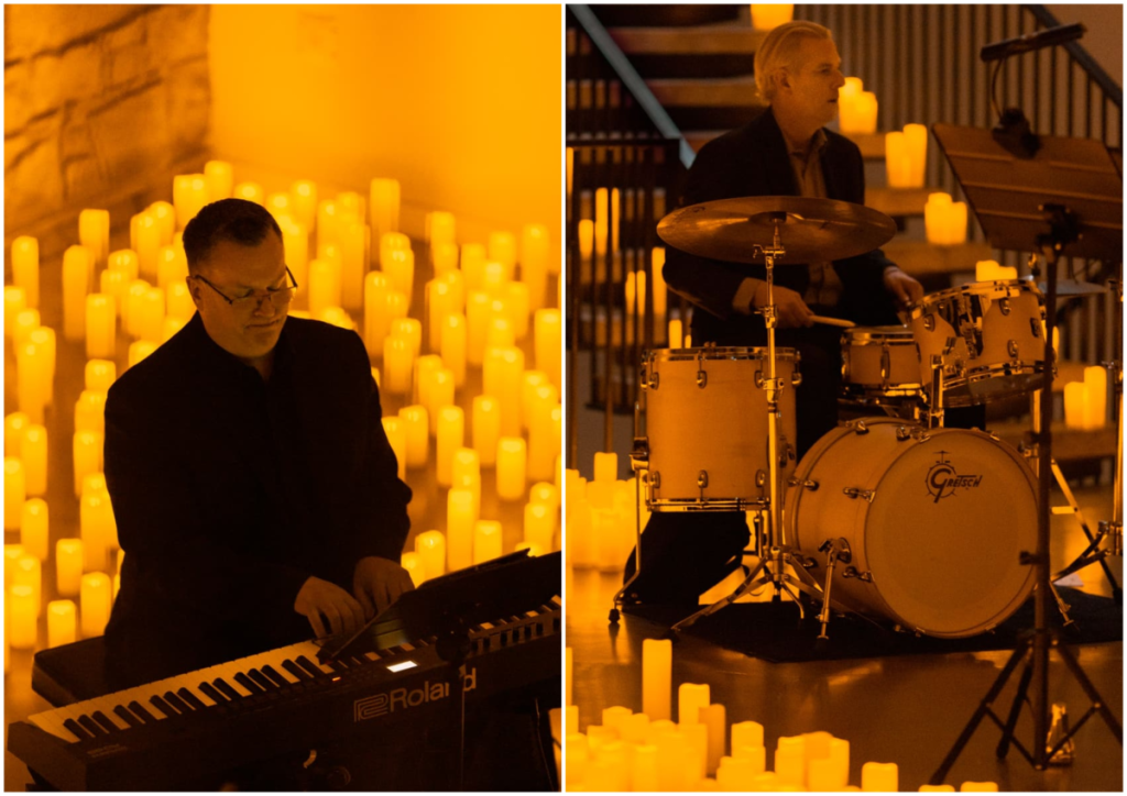 A collage of a musician playing the organ and a drummer at a Candlelight concert