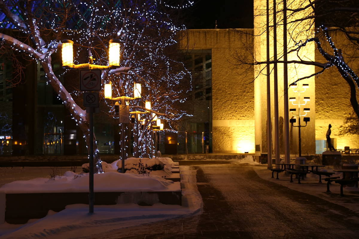 Edmonton Christmas spirit, snowy trees on street