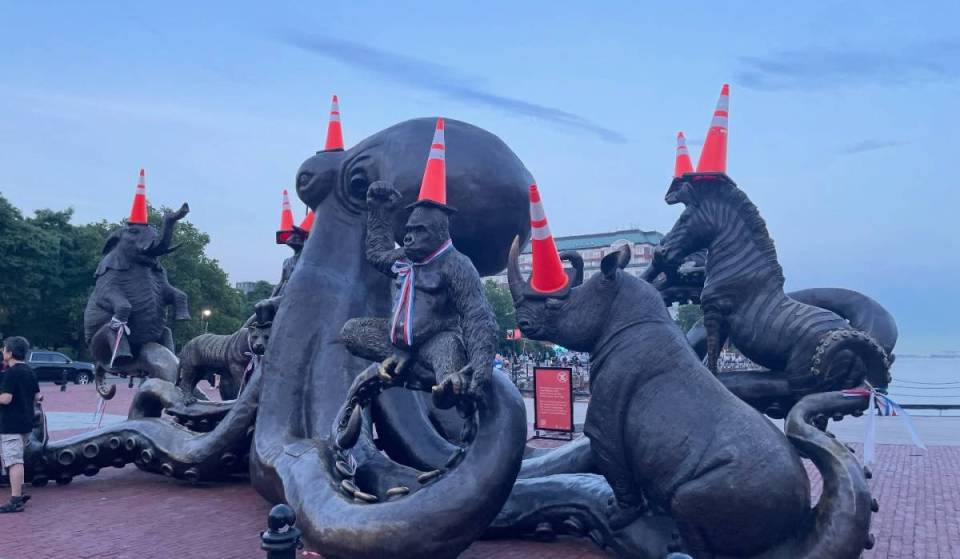 Scottish World Cup fans has given Boston the Glasgow treatment by placing cones on statues in a Duke of Wellington tribute