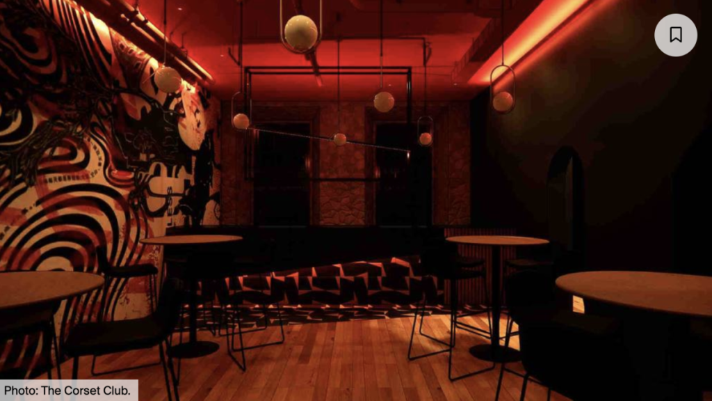 A dark red, empty room, with several high tables