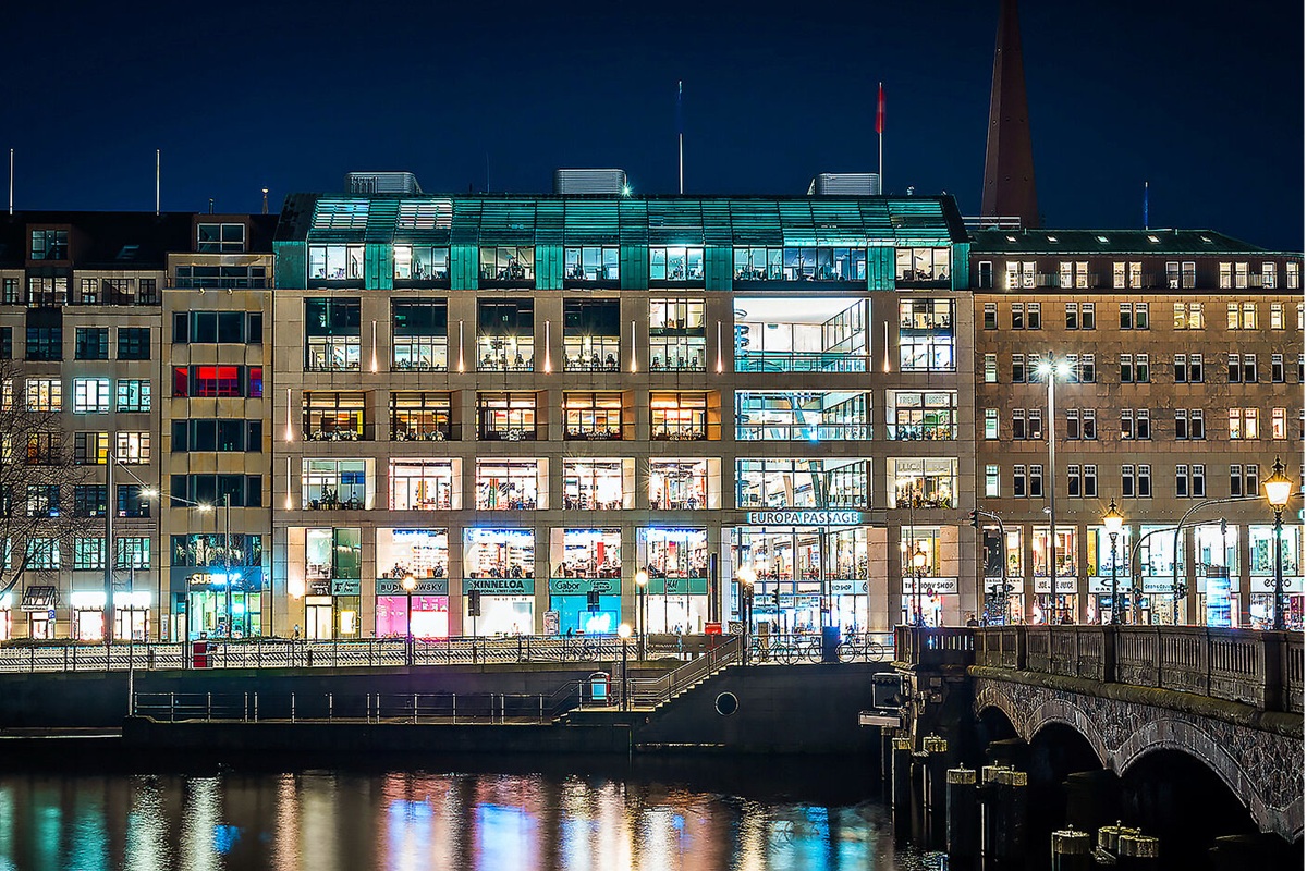 Exterior view of Europa Passage at night