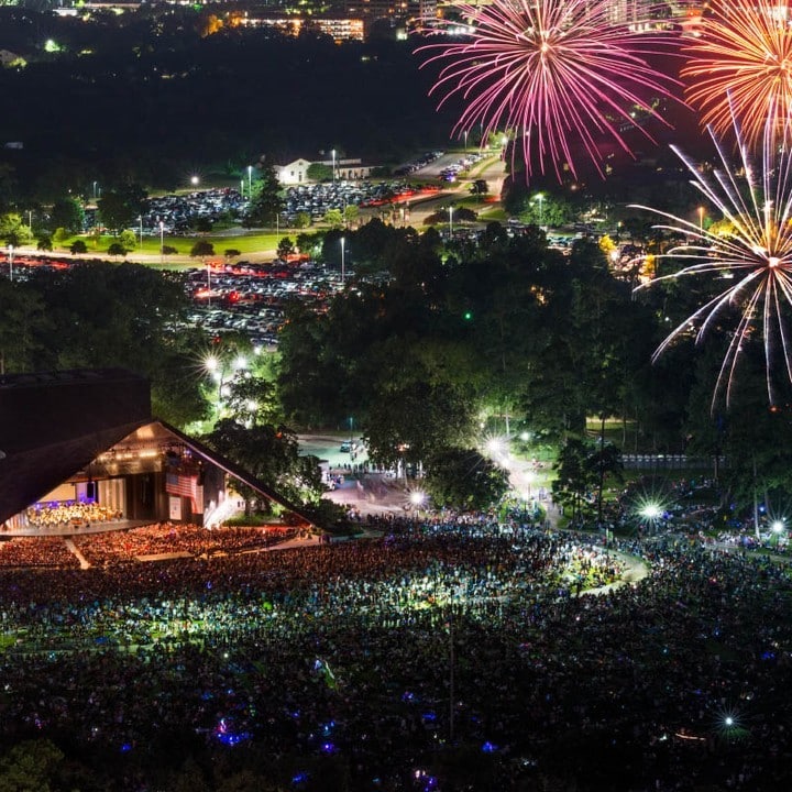 Image shows fireworks going off over Miller Outdoor Theatre
