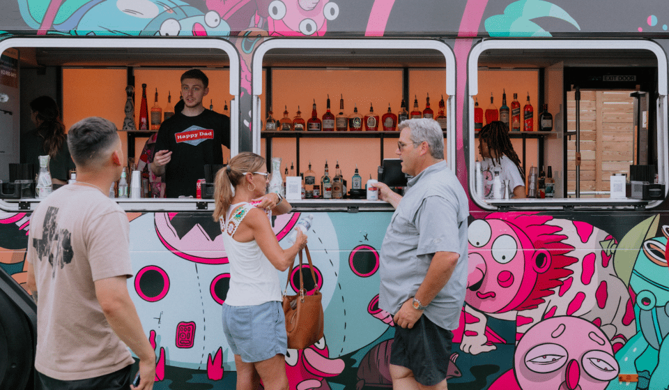 Find This Space-Themed, Repurposed Bus Bar At This Sneaker Outlet, Basketball Court, And Multi-Purpose Hangout