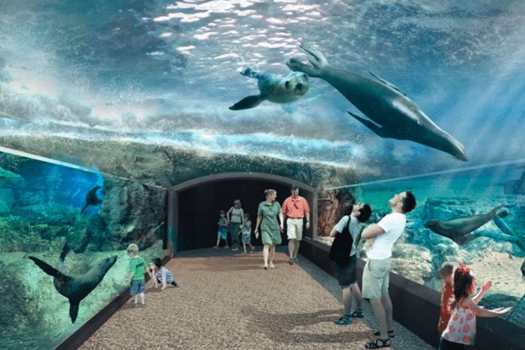 large glass tunnel has animals swimming through it as part of houston zoo