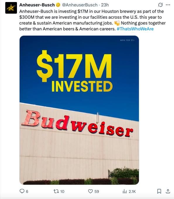 Screenshot shots a post on X/Twitter from Anheuser-Busch.