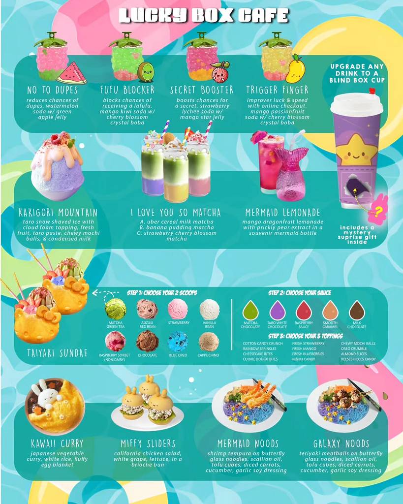 Graphic shows the menu for the Labubu pop-up in Houston with sweet drinks, desserts, and light savory dishes themed after the characters.