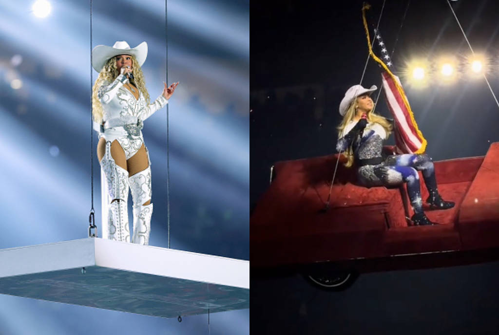 Image shows Beyoncé performing in Houston; on the left panel on a platform in a diamond-country uniform; on the right, in Western wear on the side of a flying red convertible car prop.