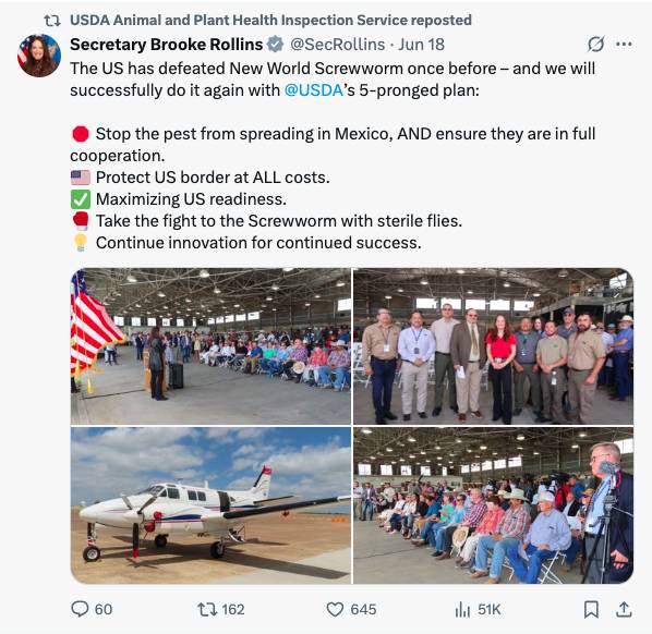 Image shows a post on Twitter retweeted by USDA Animal and Plant Inspection revealing its approach to controlling NWS outbreak.