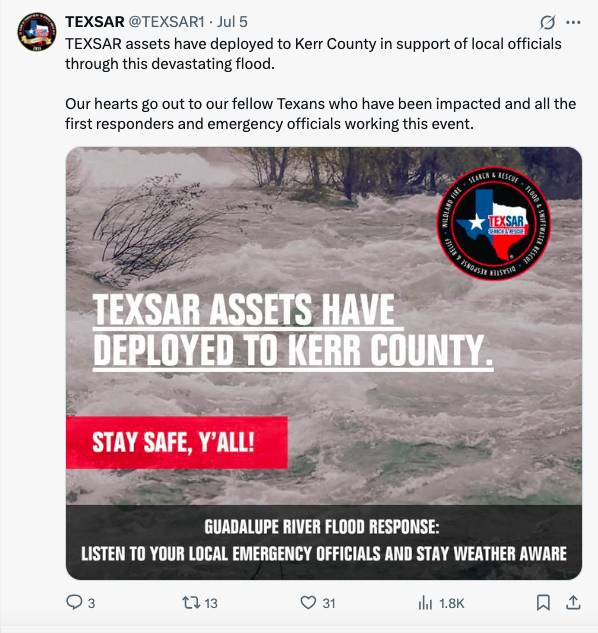 Screenshot shows TEXSAR's response to floods in Kerr County, Texas.
