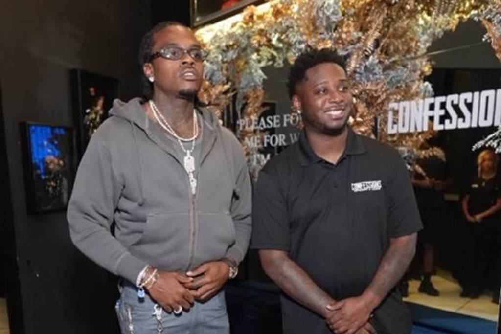 Image shows Confessions Restaurant & Lounge in Houston founder, Sterling Lewis, with artist, Gunna