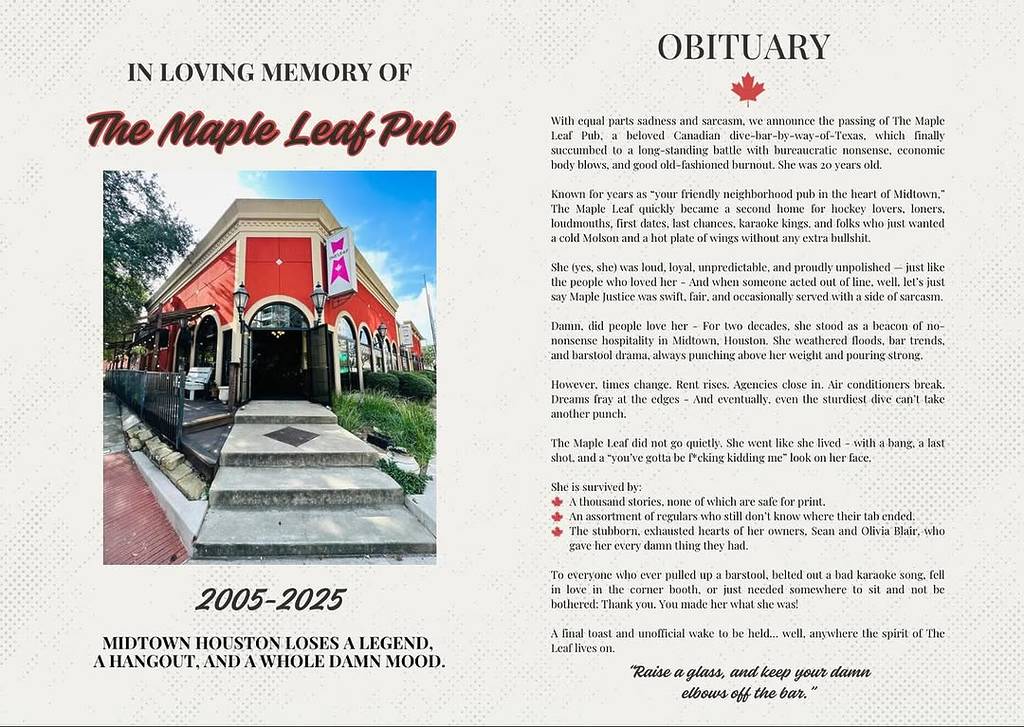 Image shows the "obituary" of The Maple Leaf Pub in Houston announcing its closure